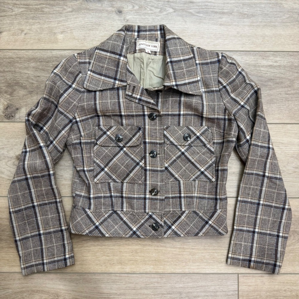 Jones New York Vintage Cropped Plaid Wool Jacket Brown Tan Y2K Grunge Small